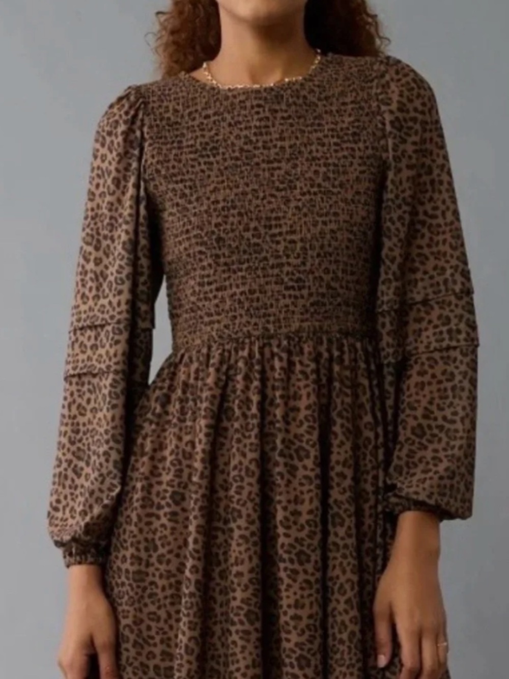 American Eagle - leopard print, smoked bodice, long sleeved mini dress
